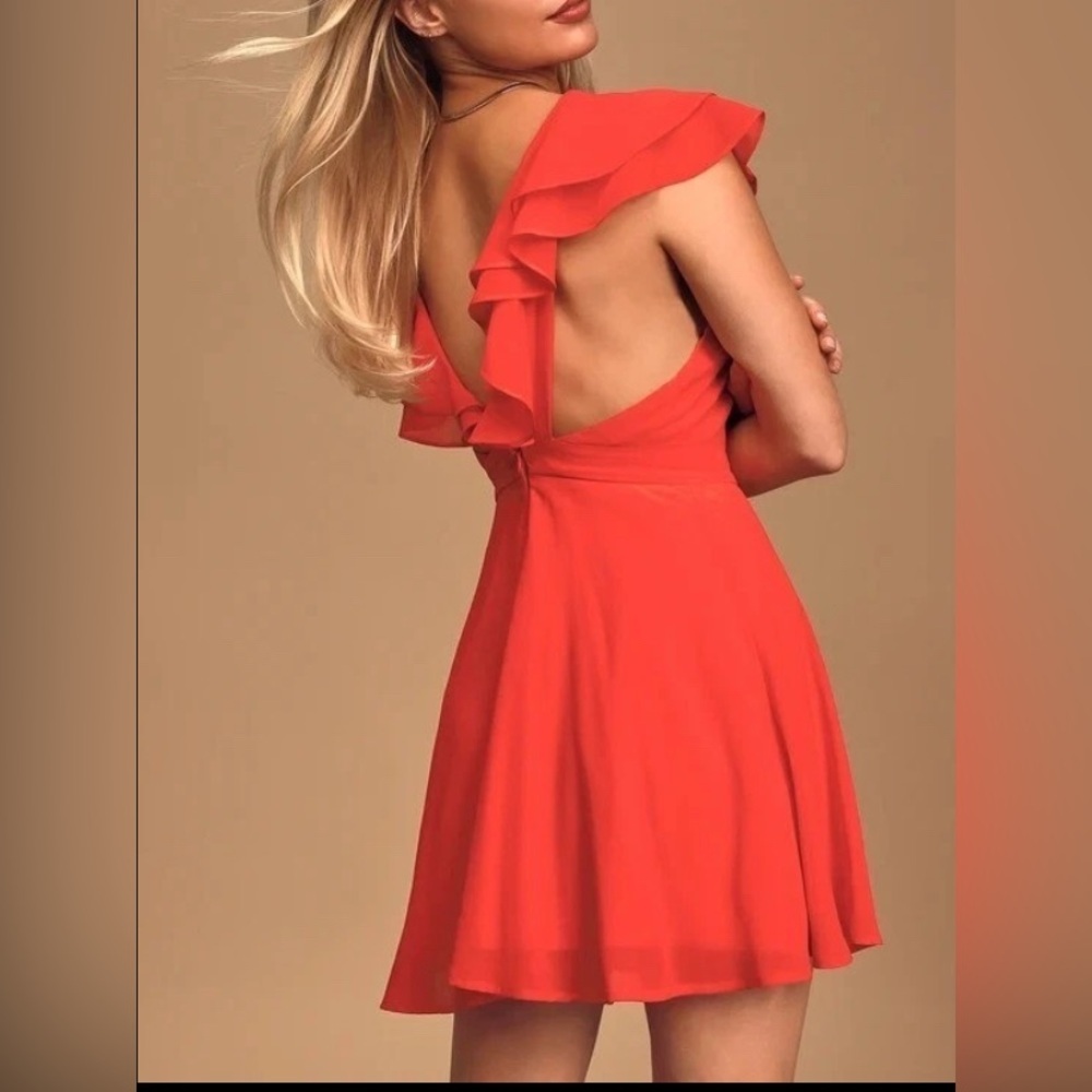 Lulu's Skater Dress Size Small Ruffled V-Neck A-Line Dress in Coral Red